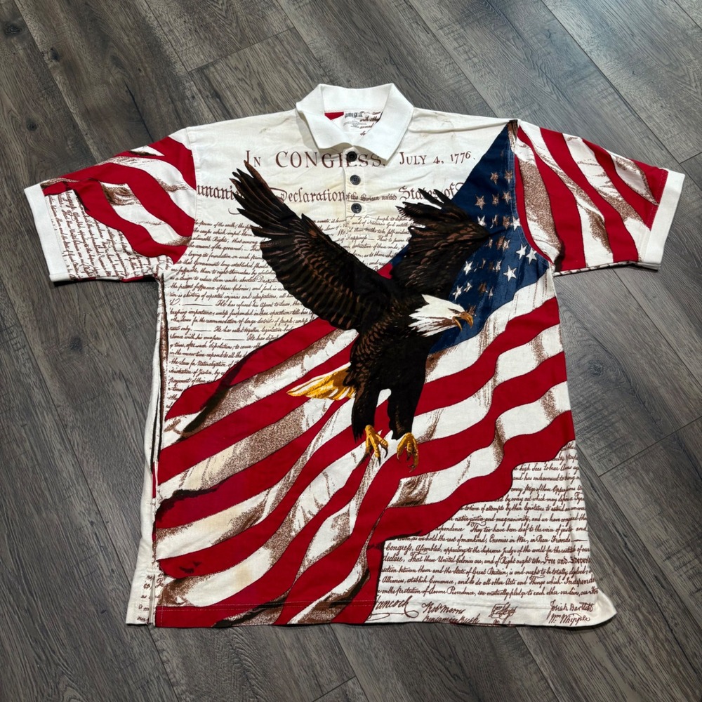 Guide Gear Polo Shirt Mens Large White Eagle American Flag Declaration Good
